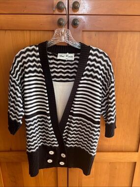 Black & White Striped V-Neck Cardigan Sweater with black skirt